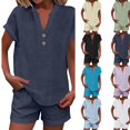 thumbnail image 2 of 2 Piece Short Sets for Women Linen Short Sleeve Outfits Casual Summer Shorts Set with Pockets,Navy M, 2 of 6
