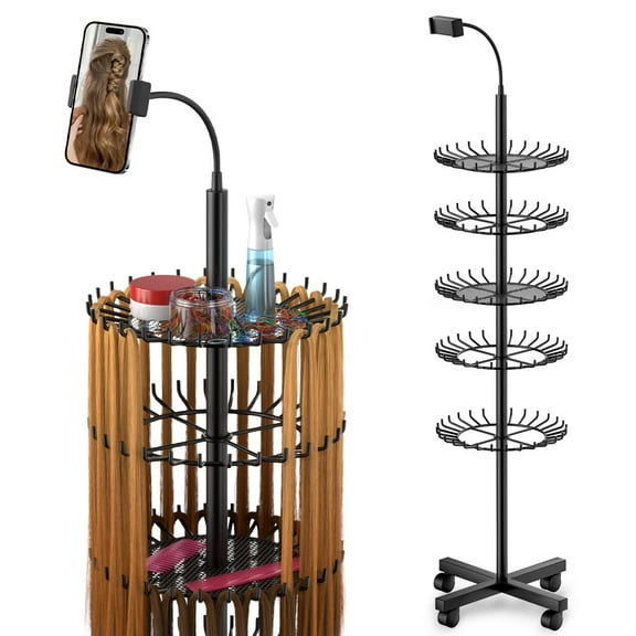 Adjustable Braiding Hair Rack Stand with 140 Pegs - Hair Extension Organizer with Phone Holder & Storage Trays for Salon Professionals and Home Use