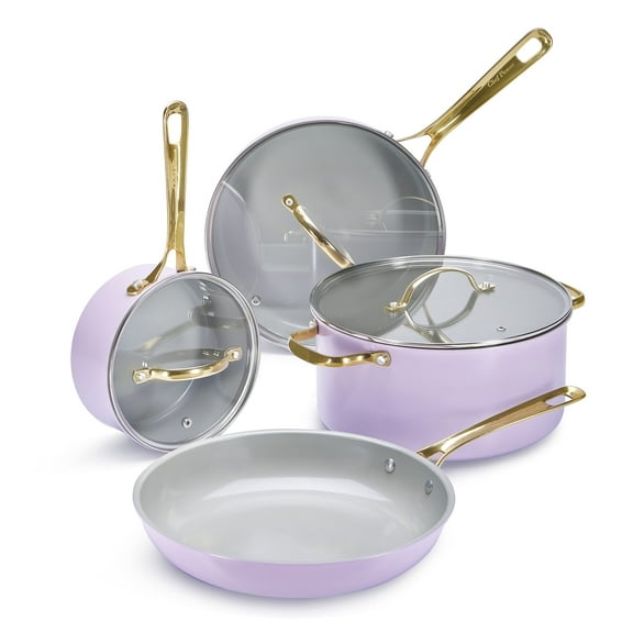 Chef Power 7 Pcs Ceramic Cookware Sets, Non-Stick Pots and Pans Set with Stainless Steel Handles, Dishwasher and Oven Safe, Light Purple with Light Gold Handles