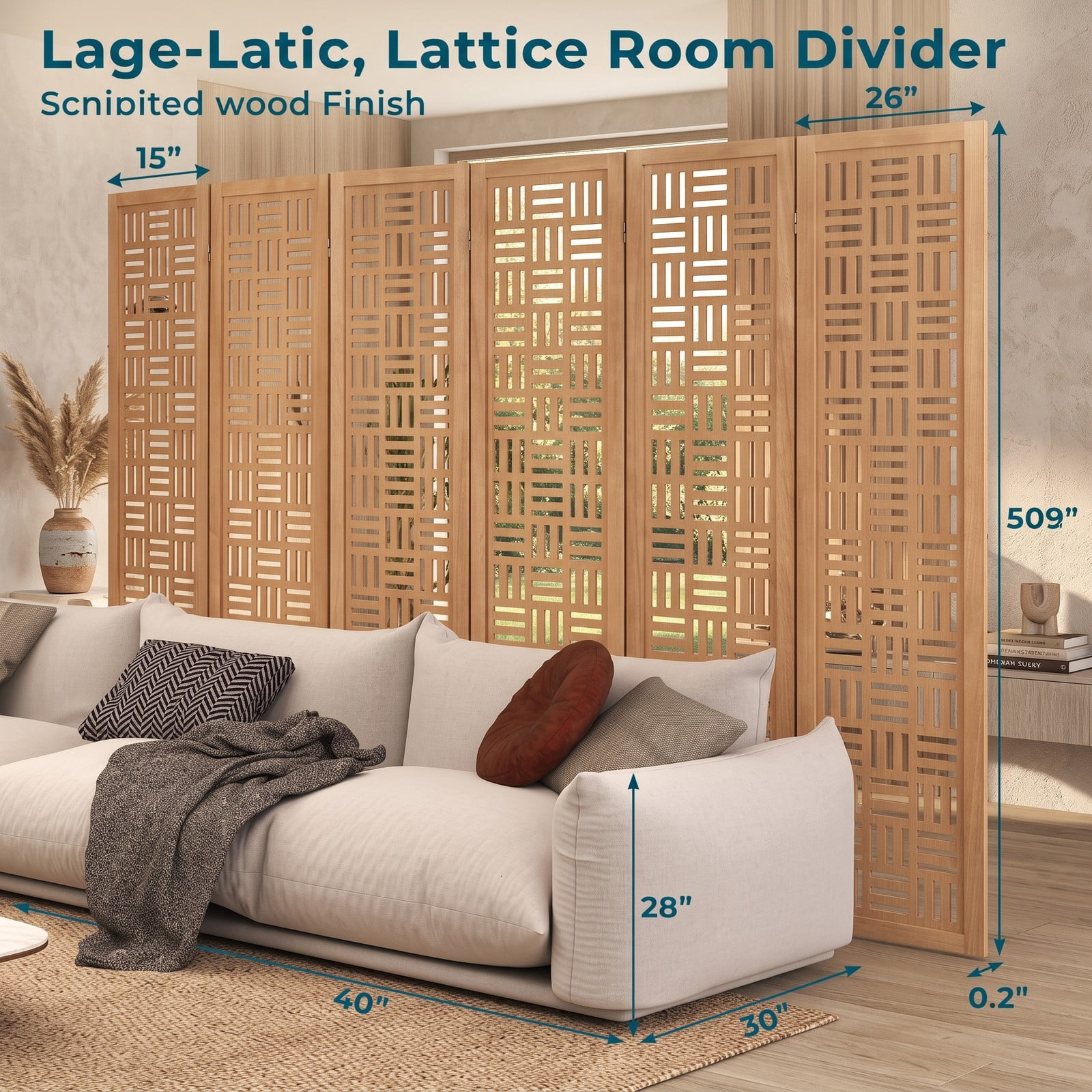 ALPULON 6-Panel Solid Wood Room Divider Folding Partition Screen, Freestanding Paulownia Wood Privacy Panel with Cut-Out Pattern for Living Room Bedroom Office, Walnut