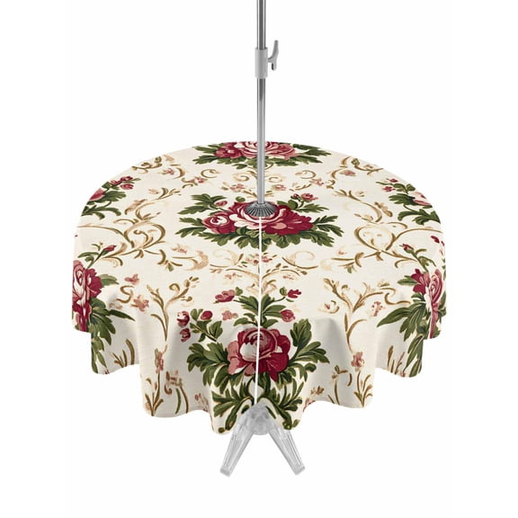 Outdoor Tablecloth with Umbrella Hole Zipper Boho Pink Red Floral Round Tablecloth 54" Waterproof Outside Table Cloth Farmhouse Vintage Flower Green Leaf Patio Table Cover Tablecloths for Picnic
