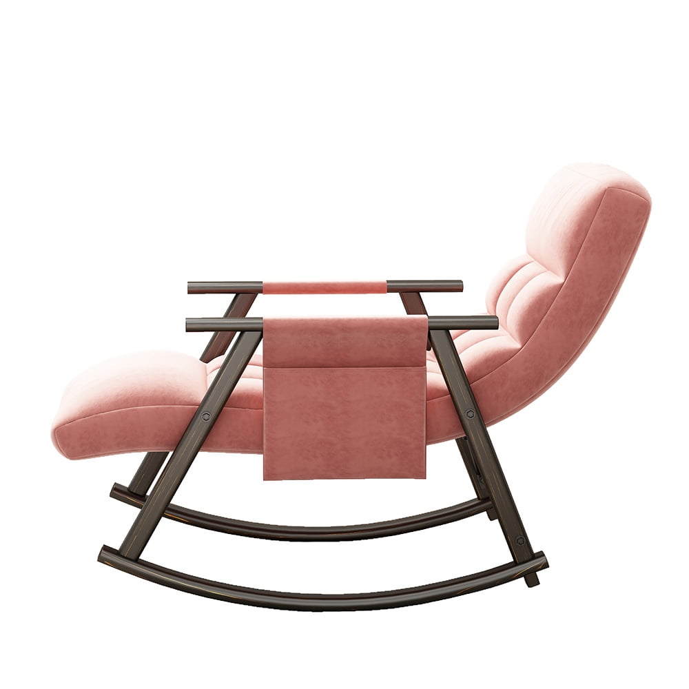 Accent Folding Rocking Recliner Chair with Side Pocket, Upholstered Nursery Glider Chair with 5 Adjustable High Back for Living Room Bedroom Balcony, Pink