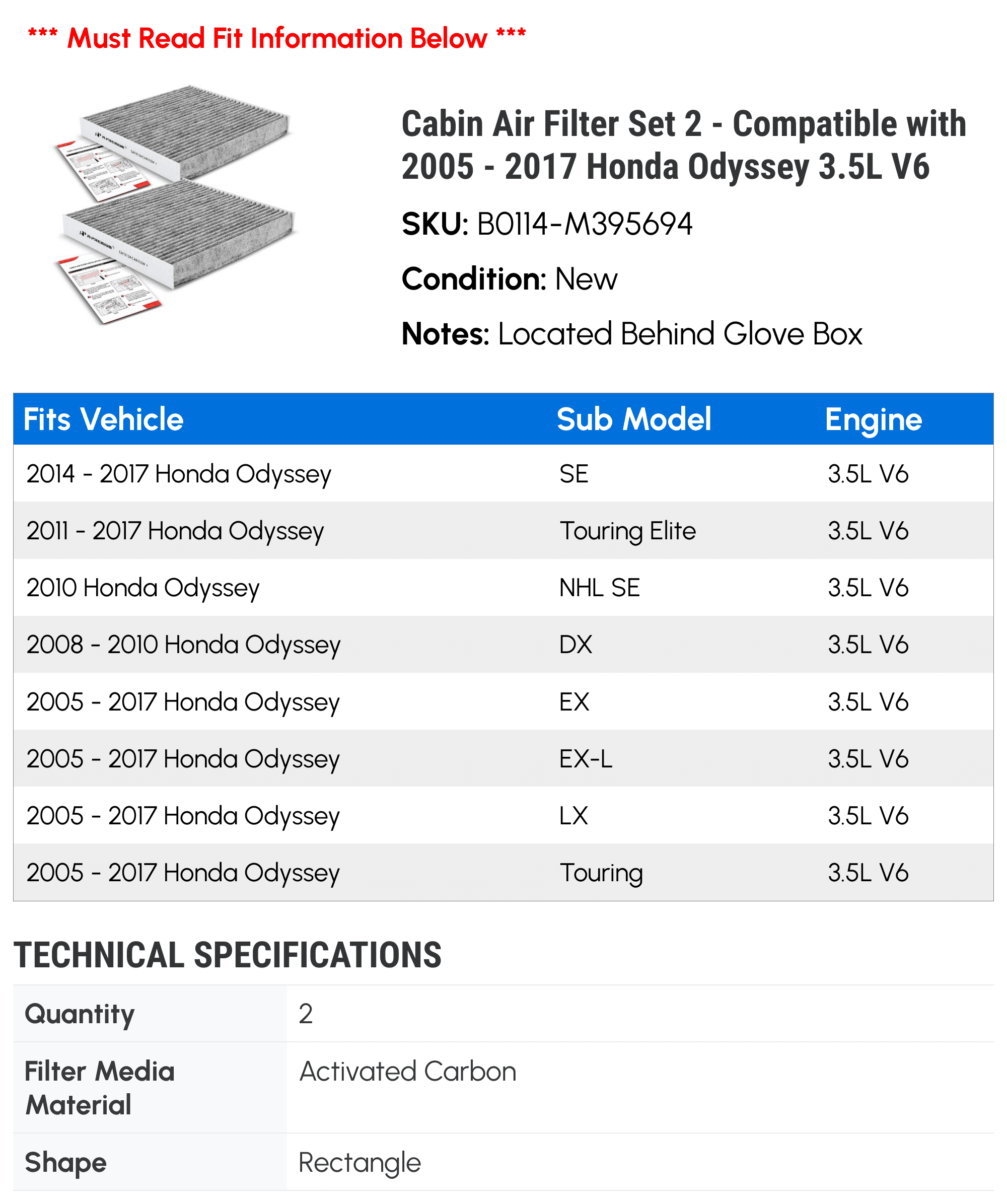 Cabin Air Filter Set 2 - Compatible with 2005 - 2017 Honda Odyssey 3.5L V6 - Autopart Premium