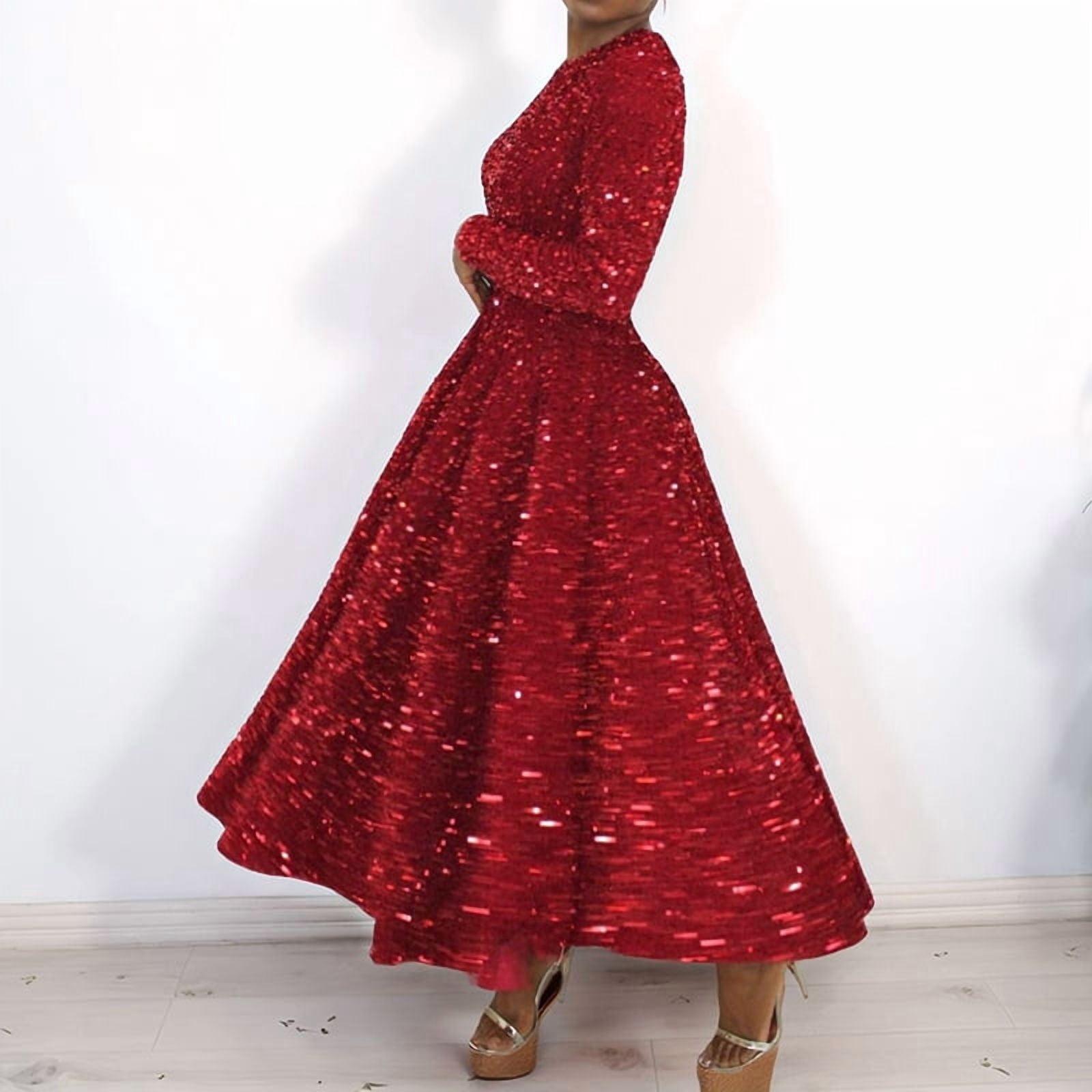 Women'S Sequin Plus Size Long Sleeve A-Line Flared Party Cocktail Sparkle Glitter Evening Shiny Maxi Dress Red L