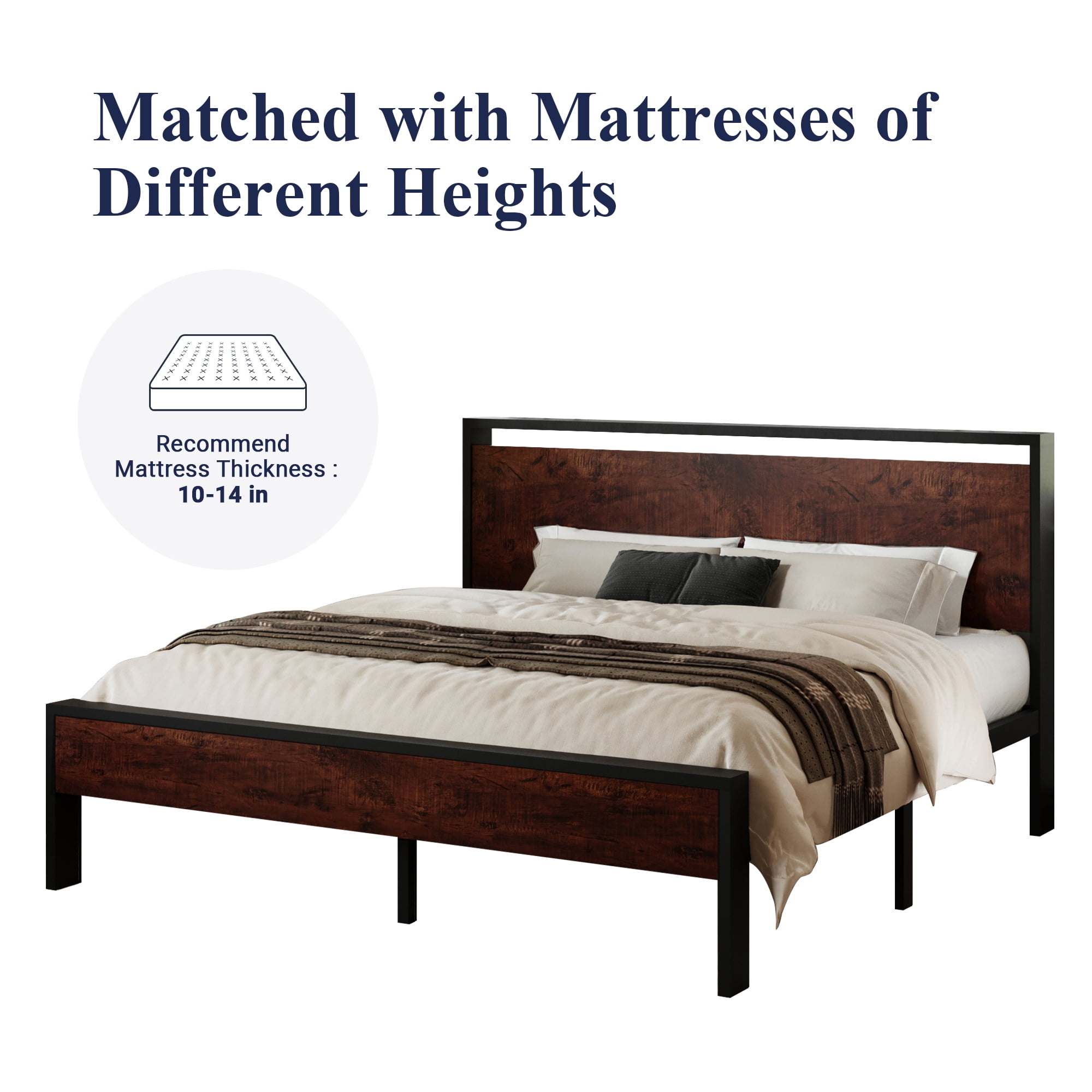 Allewie King Size Bed Frame, Heavy Duty Metal Platform Bed with Wooden Headboard & Footboard, No Box Spring Needed, Mahogany