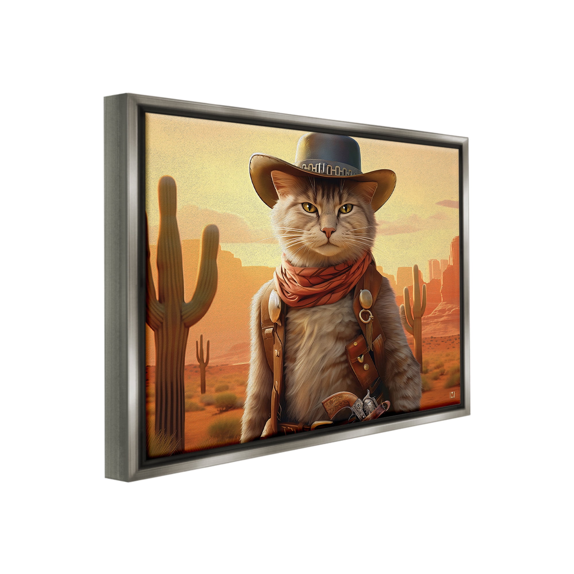 Stupell Industries Cowboy Sheriff Cat Animals & Insects Painting Gray Floater Framed Canvas Art Print Wall Art, 21 x 17