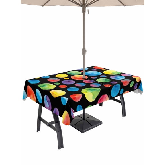 Outdoor Tablecloth with Umbrella Hole for Patio/Picnic/Party/Camping, Colorful Polka Dot Waterproof Table Cloth Rectangle Table Cover Washable, Cartoon Watercolor Graffiti Black (54"x 80")