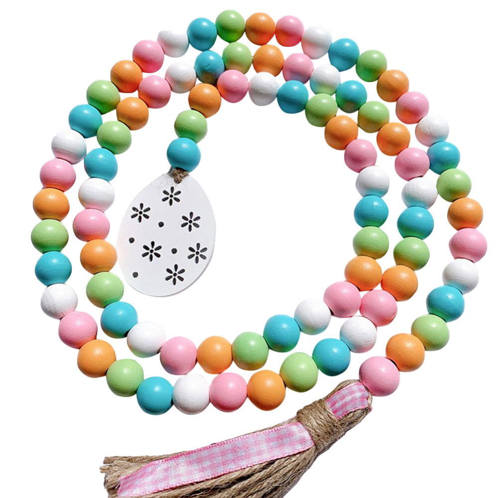 PENGXIANG Spring Wood Bead Garland with Tassels and Bunny Tag  Holiday Country Rustic Prayer Boho Beads Rae Dunn Shelf Decor