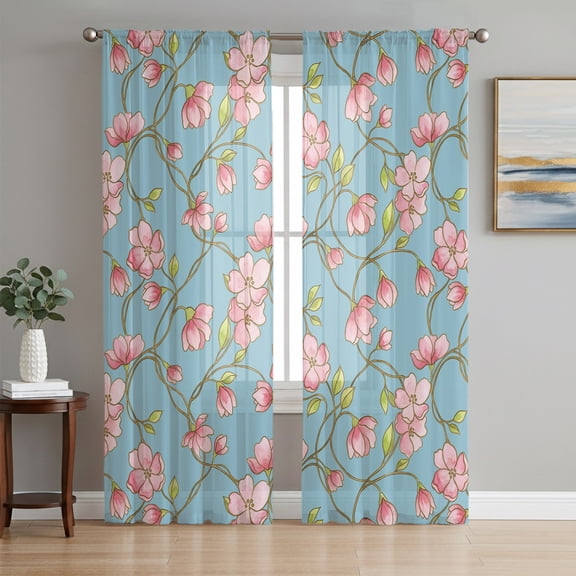 Floral Vines Sheer Curtains 84 Inch Length 2 Panels Set, Rustic Pink Flowers Leaves Botanical Blue Voile Window Treatment Rod Pocket Curtains Sheers Drapes for Bedroom/Living Room/Kitchen 52"x84"x2