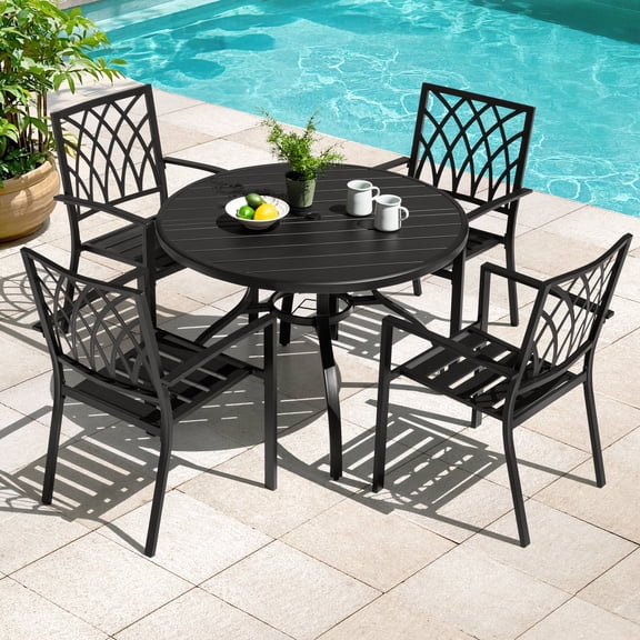 Nuu Garden 5-Piece Outdoor Patio Dining Set, 41 Inch Round Dining Table with Umbrella Hole and 4 Stackable Lattice Chairs, Powder-Coated Finish and Iron Frame, Weather-Resistant Furniture, Black