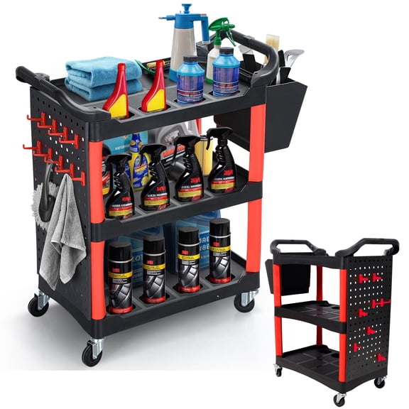 NIGSQJB 3-Tier Detailing Tools Cart with Wheels, Auto Rolling Detail Cart with Hanging Bucket & Hanging Panel & Hooks, Car Wash Utility Cart for Garage, Workshop, Repair Shop, Storage Tools, Red