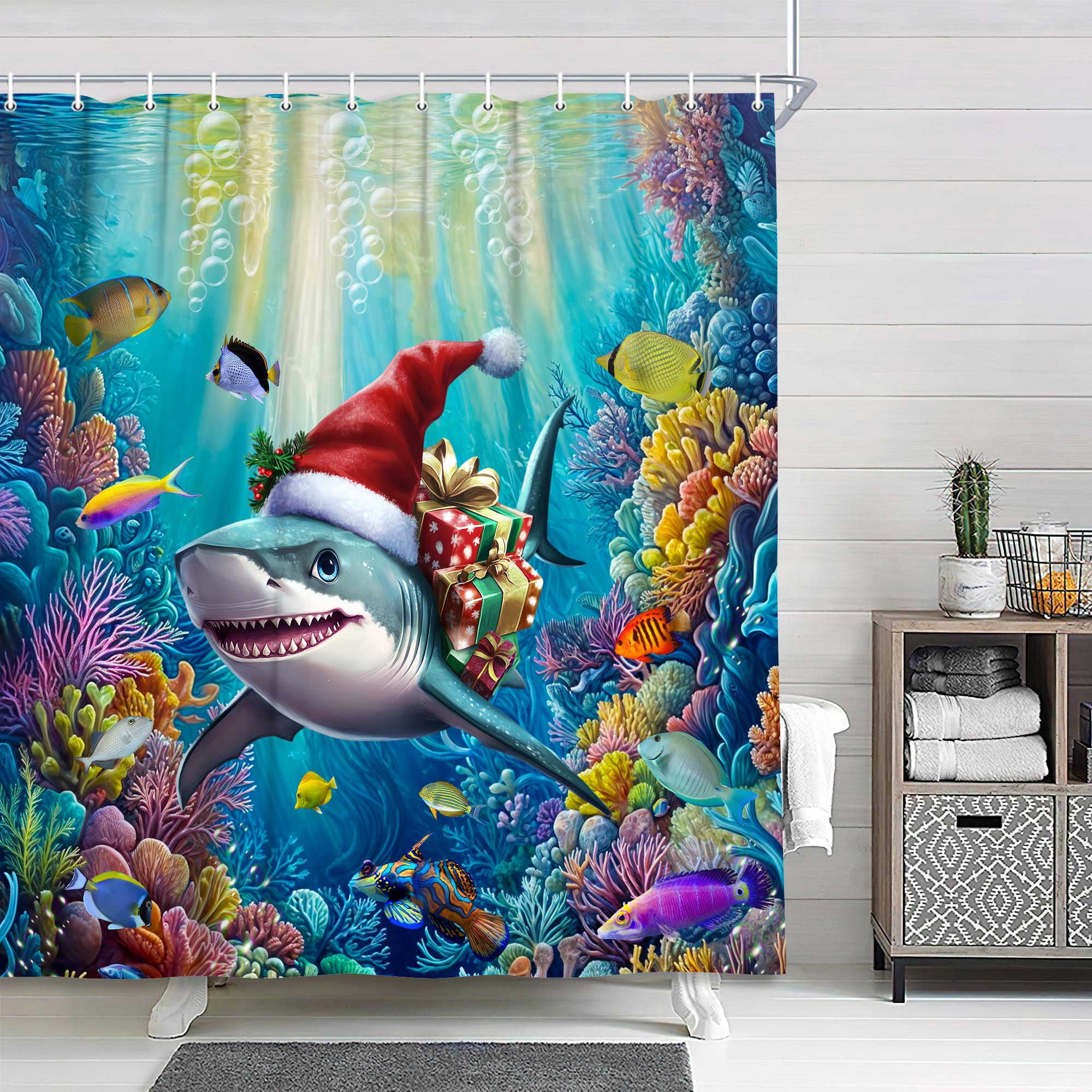 Funny Christmas Shark Shower Curtain, Underwater Ocean Fun Santa Hat Bath Curtain, Winter Kids Bathroom Accessories Colorful Tropical Fishes Coral Bathroom Curtains Set Hooks,72X72in