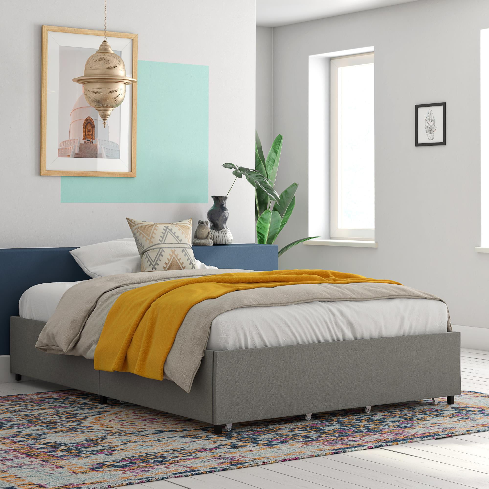 RealRooms Alden Platform Bed with Storage Drawers Queen Gray Linen