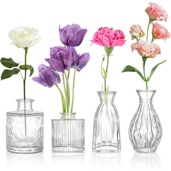 Glass Bud Vase Clear Bud Vases Set of 4 for Centerpieces, Vintage Glass Flower Vases in Bulk Suitable for Weddings, Parties or Home Decoration