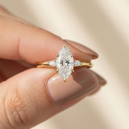 Jewelerix Marquise Cut Moissanite Engagement Ring for Women, Yellow Gold Vermeil Solitaire Ring with Side Stones, Bridal Promise Ring
