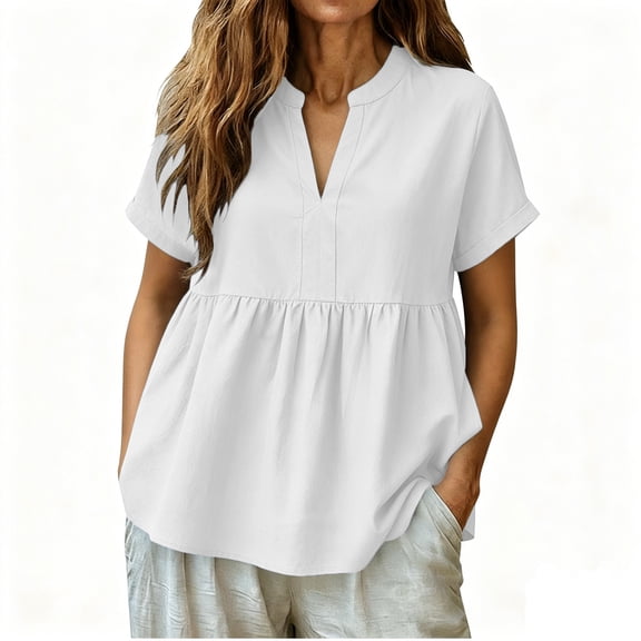 vigerkar Peplum Tops Summer Short Sleeve Pleated Flowy Shirts Casual Loose V Neck Blouse (White, L)