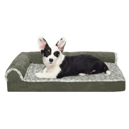 UPC: 0842229104615 | FurHaven Pet Products Two-Tone Faux Fur & Suede Deluxe Orthopedic Chaise Lounge Pet Bed for Dogs & Cats – Dark Sage Medium