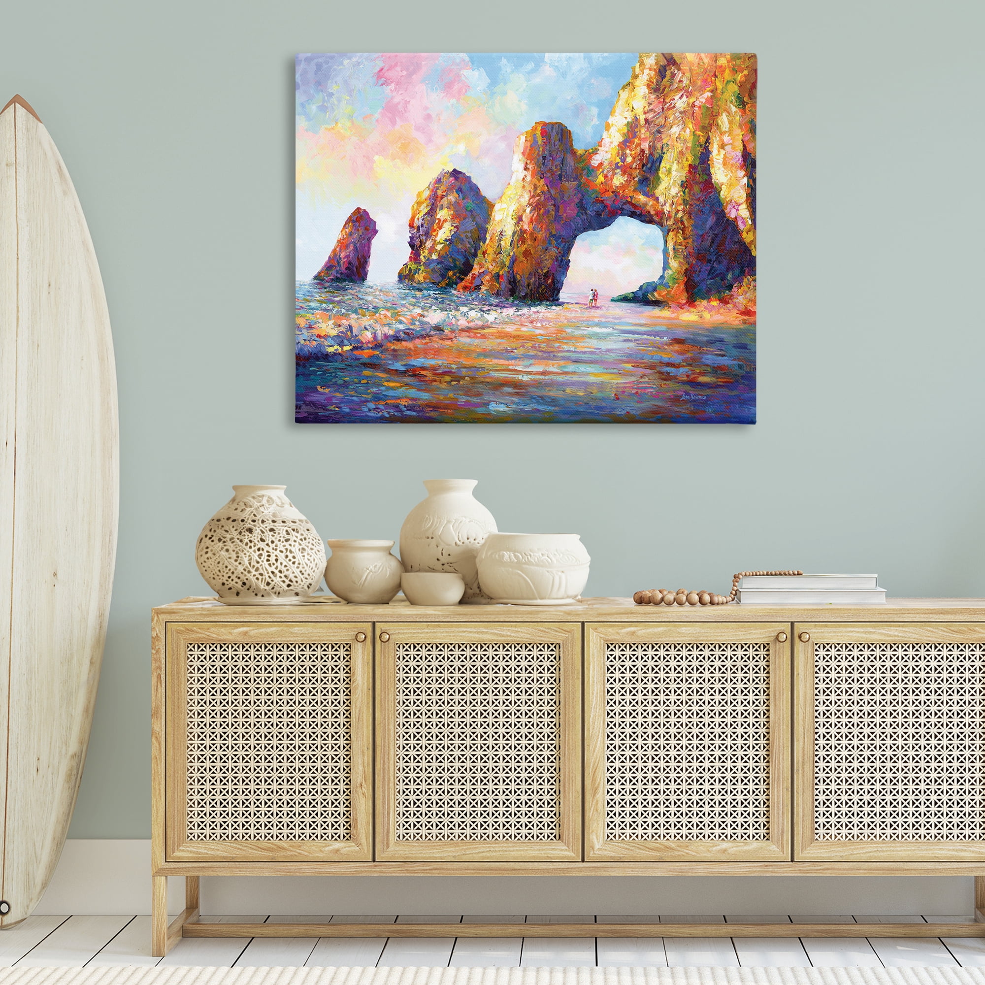 Stupell Industries Couple Strolling Beach Arch Landscape Painting Gallery Wrapped Canvas Art Print Wall Art, 48 x 36