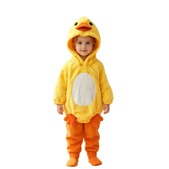 Toddler Baby Boys Girls Outfits Cute Yellow Duck Hooded Onesie with Footed Pants Soft Plush Halloween Party Clothes Set Bodysuit Clothes for Kids 12-18 Months