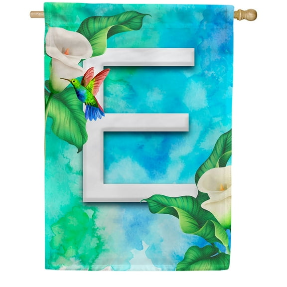 America Forever Summer Flowers Birds Monogram House Flag Letter E 28 x 40 inches Hummingbird Calla Lily Spring Floral Double Sided Vertical Outdoor Yard Lawn Decorative White Floral House Flag