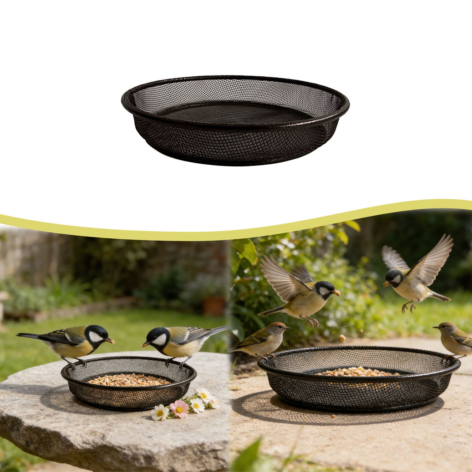 1Pcs Mesh Wild Bird Feeder Tray, 7 Inch Metal Round Bird Feeders Tray, Iron Ground Birds Feeding Bowl, Platform Mesh Tray, Outdoor Floor Birds Feeders Stand for Humming Feeder Station