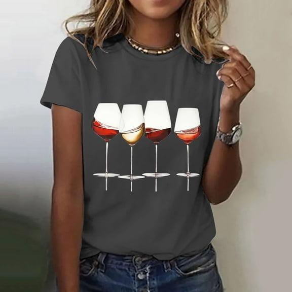 Gray Womens Tops Women's Wine Glass Printed Shirt Short Sleeve Round Neck T Shirt Fashion Top Lightweight Soft Casual Summer Clothing Clothes Shirts for Women
