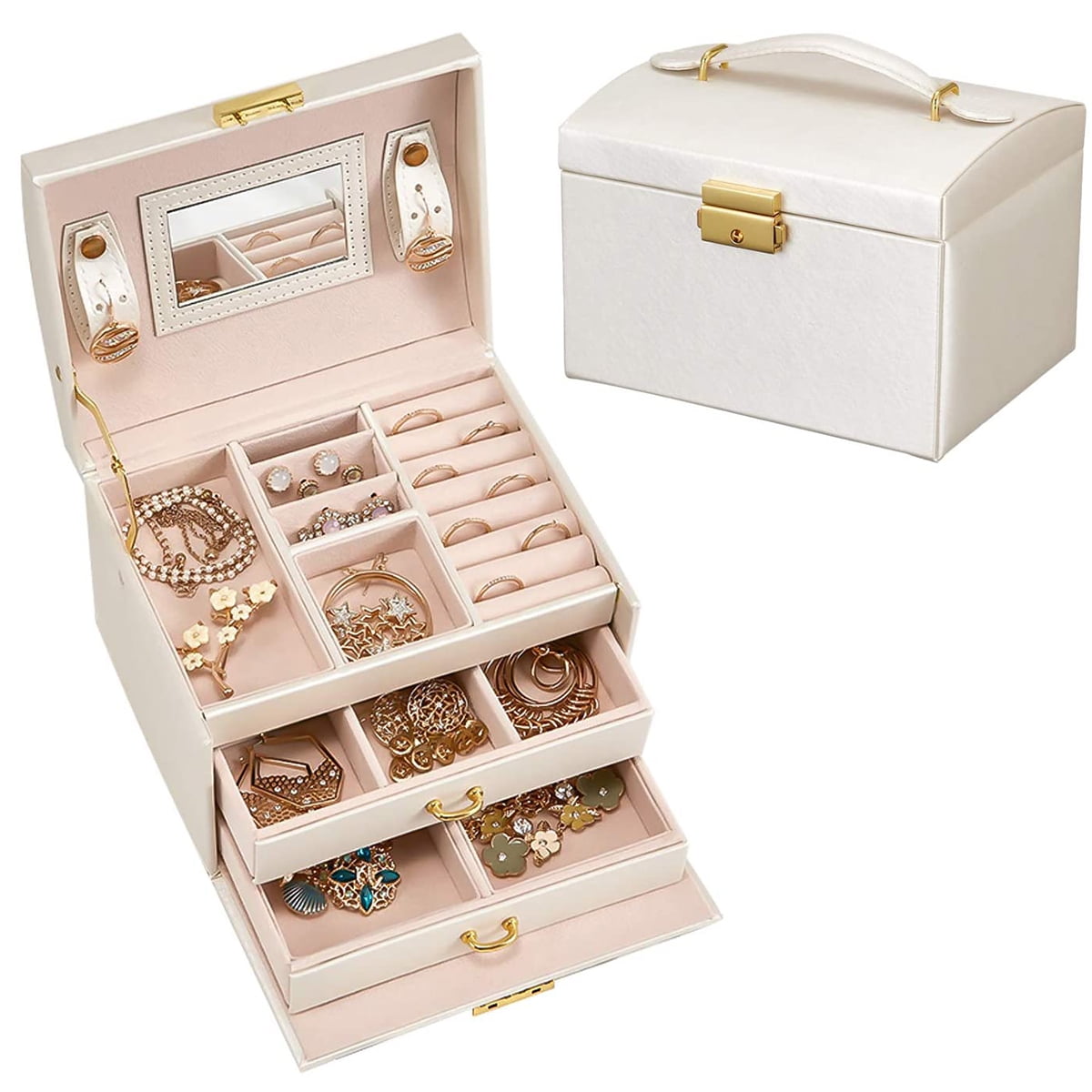 Jewelry Box Jewelry Organizer Box Display Storage Case Holder with Two Layers Lock Mirror Women Girls Leather Jewelry Box for Earrings Rings Necklaces Bracelets Earrings Gift White 