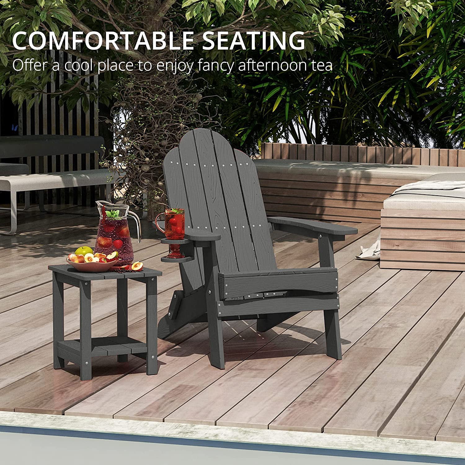 Dycanpo Folding Adirondack Chair,Fire Pit Patio Garden Chair with Cup Holder,Dark Gray