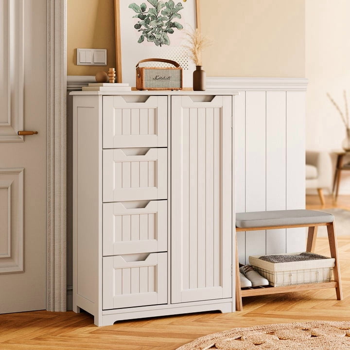 Aiho 33.5 "H Wooden Bathroom Storage Cabinet with 4 Drawers, a Cupboard and Adjustable Dividers for Bathroom,Living room,and Bedroom - White