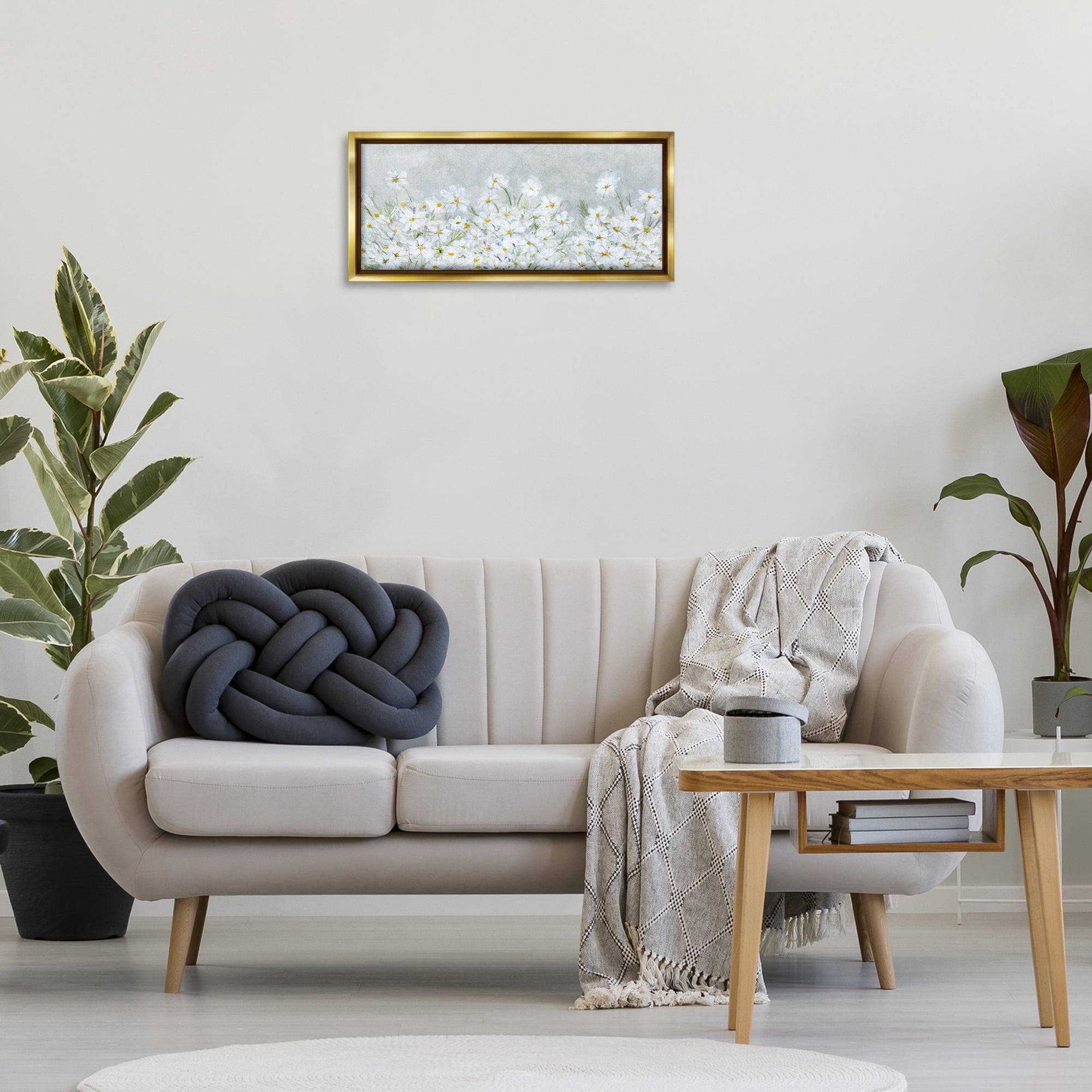 Stupell Industries Subtle Brushed Daisies Botanical & Floral Painting Gold Floater Framed Art Print Wall Art, 25 x 11