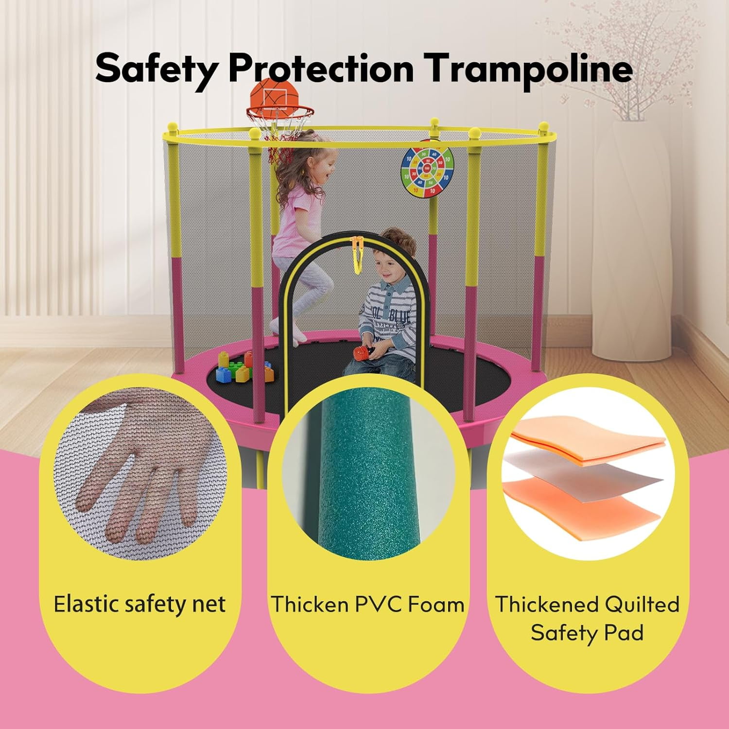 EAYSG 72" Trampoline for Kids with Net,6 FT Indoor & Outdoor Small Toddler Trampoline with Basketball Hoop & Dart Board(Pink/Yellow)