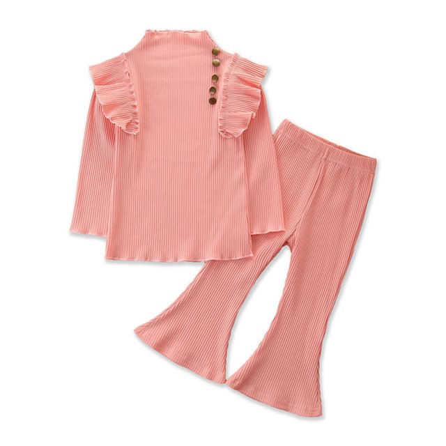 Qudderr Toddler Kids Girls Clothes Ruffle Long-Sleeved Top Flare Pants Spring Fall Outfit 2PCS Set For1-6 Years