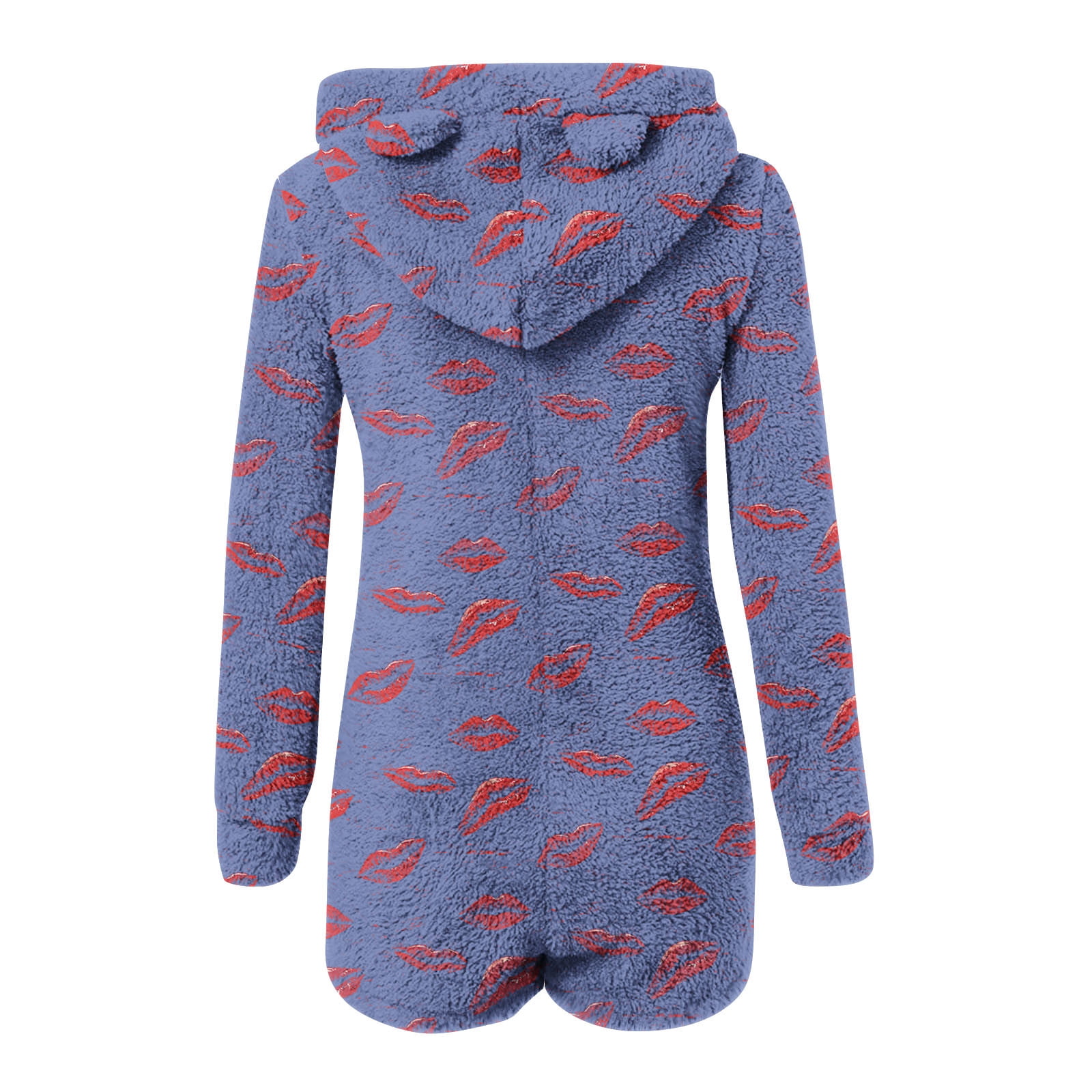 Womens Long Sleeve Onesies Pajamas Fuzzy Zip-Up Hooded Romper Warm Short Playsuit Jumpsuit Fleece Sherpa Sleepwear Blue, XXL