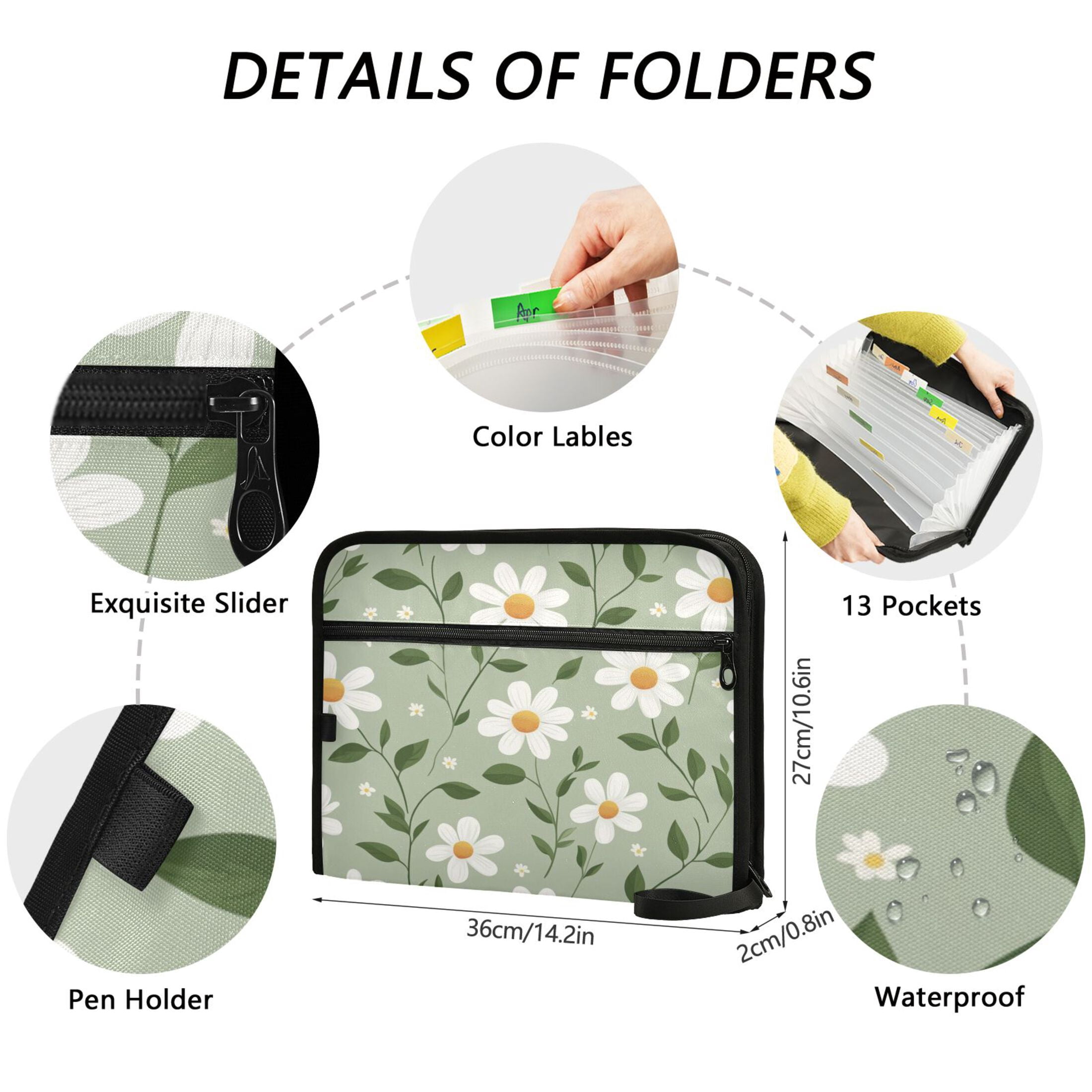 WOBOGO A Seamless Pattern Of White Daisies Expanding File Folder Letter Size Accordion Filing Organizer 13 Pocket Separate Organ Pocket
