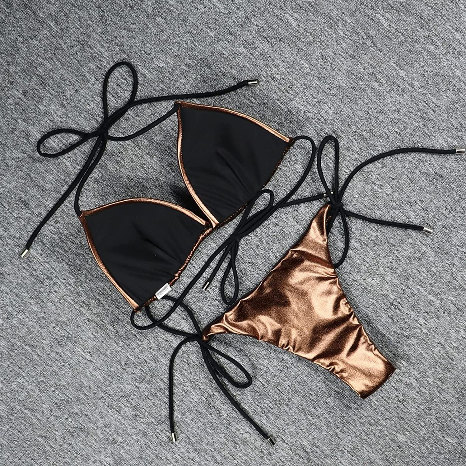 Glitter Bikini Set Halter Micro Triangle Bra Top & V-string Bikini Bottom 2  Piece Bathing Suit