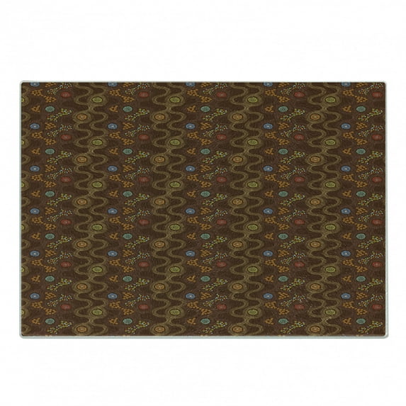 Abstract Cutting Board, Colorful Dots and Flowers Curved Doodle Style Line Art Design on Brown Background, Decorative Tempered Glass Cutting and Serving Board, Small Size, Multicolor, by Ambesonne