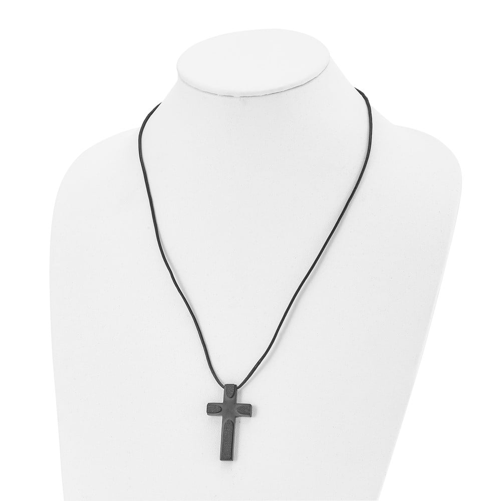 Stainless Steel Cord with Pendant Necklace Chain Brushed LaserCut Blk IP Cross 20in Leather 20 inch 25.5 mm