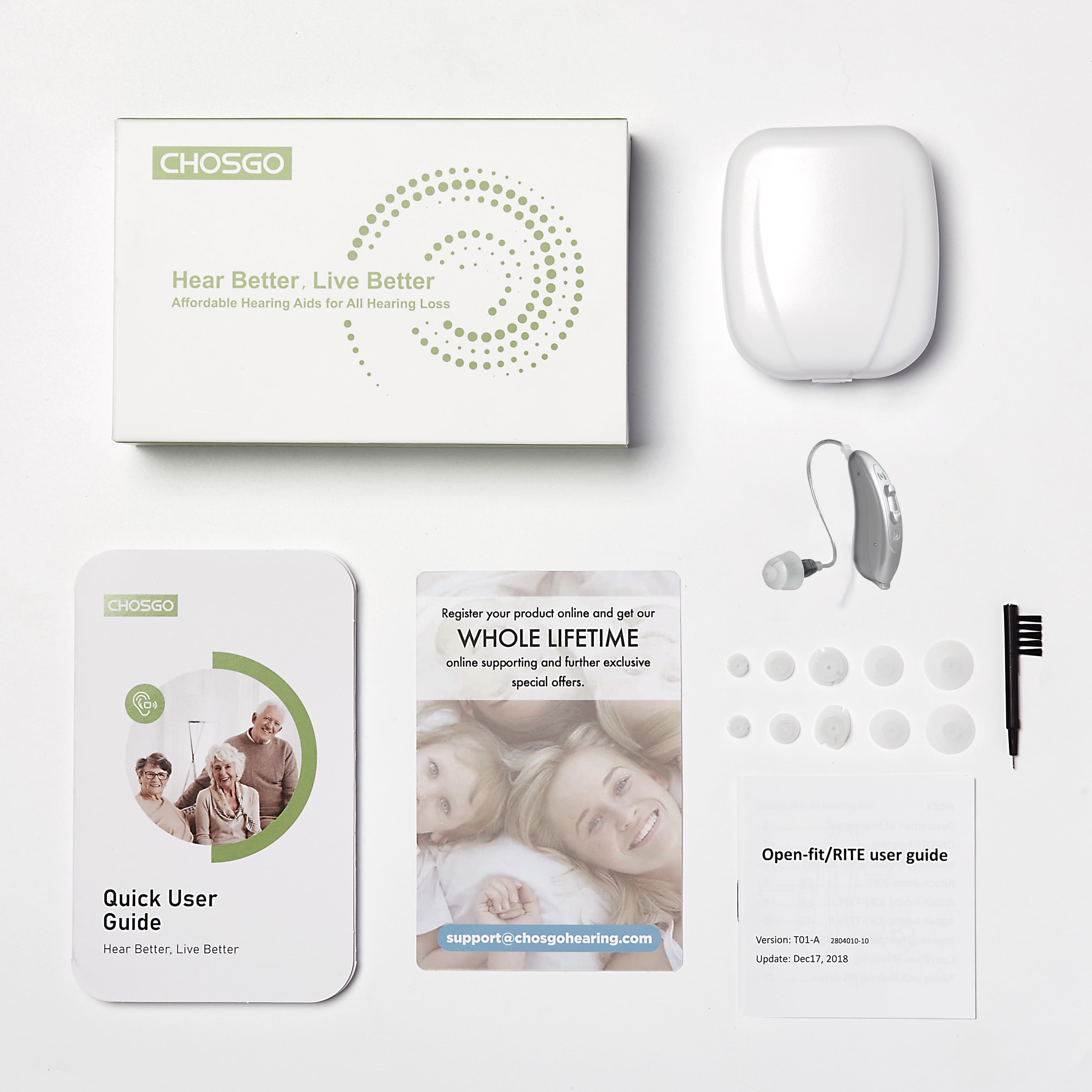 CHOSGO V03B Bluetooth Hearing Aids For Adults with Mobile App Control & Noise Cancellation, RIC OTC Hearing Aids For Seniors with Smartphone Compatible, Dual Mic with Protection Box(Right)