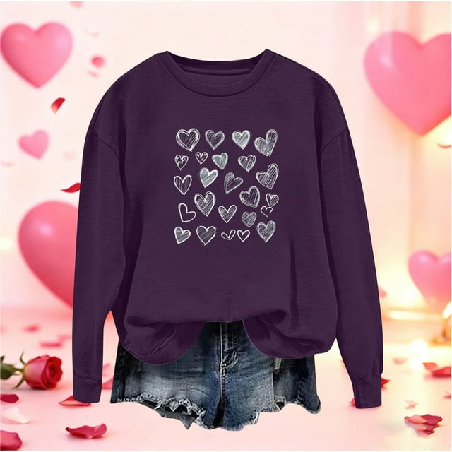 Mceream Valentines Chandails en Molleton pour Femmes Mode Décontractée Imprimé Cœur Graphique Manches Longues Chemises Col Rond Surdimensionné Chandail Tops Grande Taille Violet P