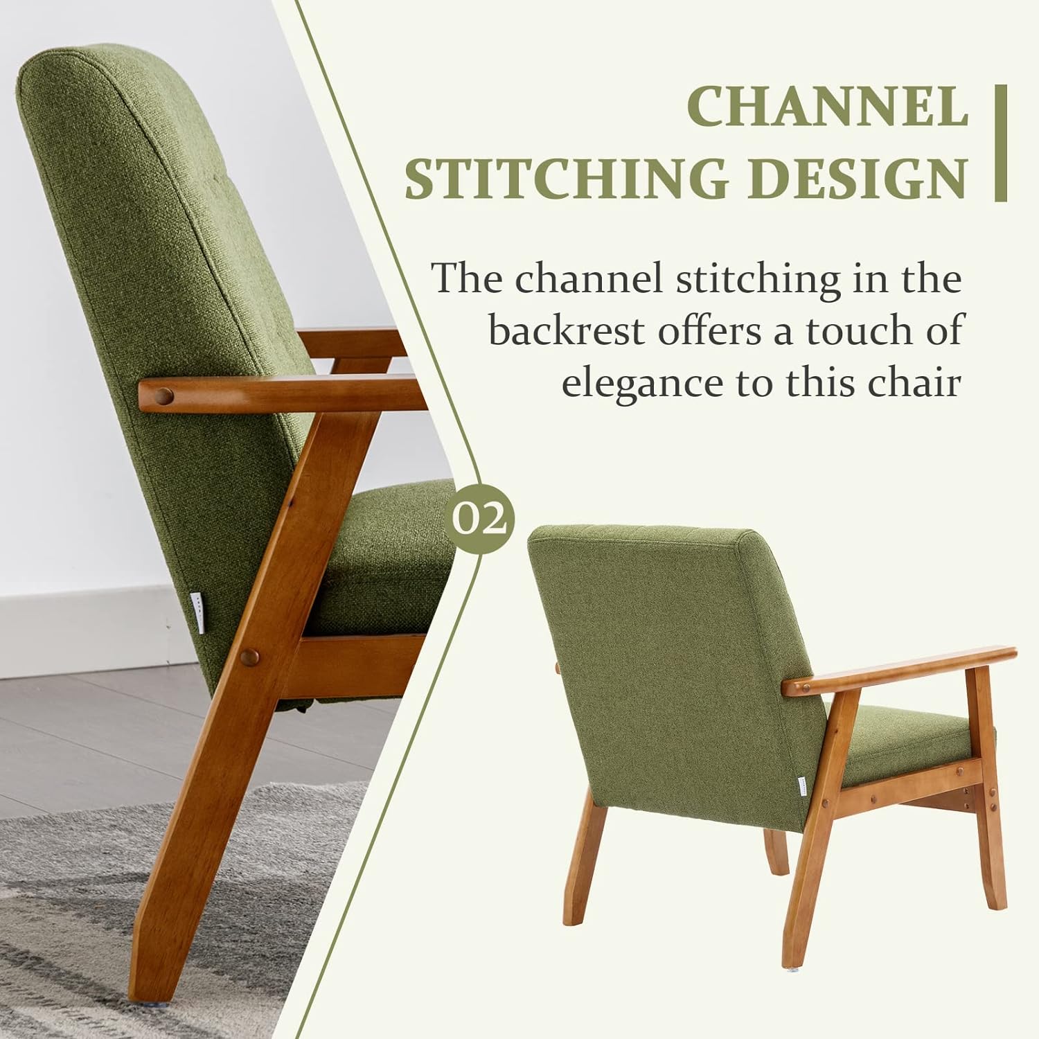 Holaki Mid Century Modern Arm Chair with Wood Frame,Linen Fabric Comfy Reading Chair,Accent Chair for Living Room Bedroom Reading,Easy Assembly,Green Linen