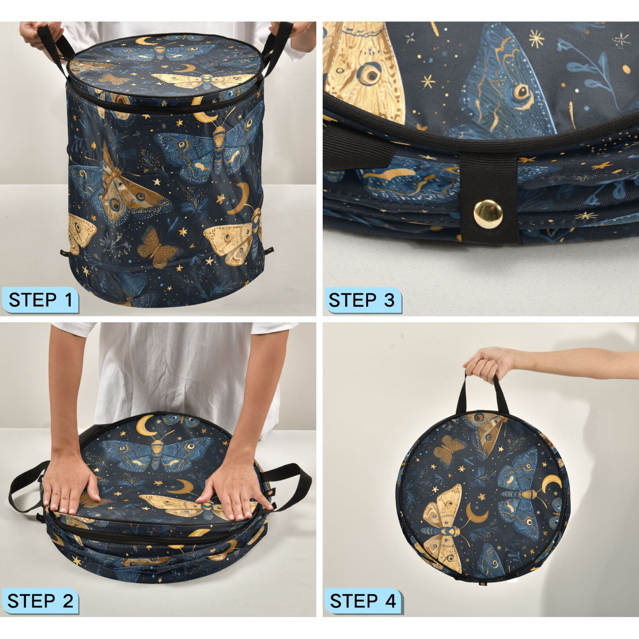 50L Extra Large Popup Hamper Collapsible Laundry Basket With Zippered Lid 15.7x18.5in Butterflies Moon Vector