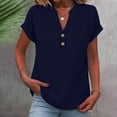 thumbnail image 2 of Women's V-Neck Linen T-Shirt with Button Loose Fits Short Sleeve Casual Tops Summer Lightweight Daily Tee,Navy,L, 2 of 8