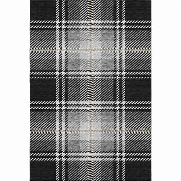 HomeRoots 674289 5 x 8 ft. Black Ivory & Gold Plaid Washable Machine Made Rectangle Area Rug with UV Protection