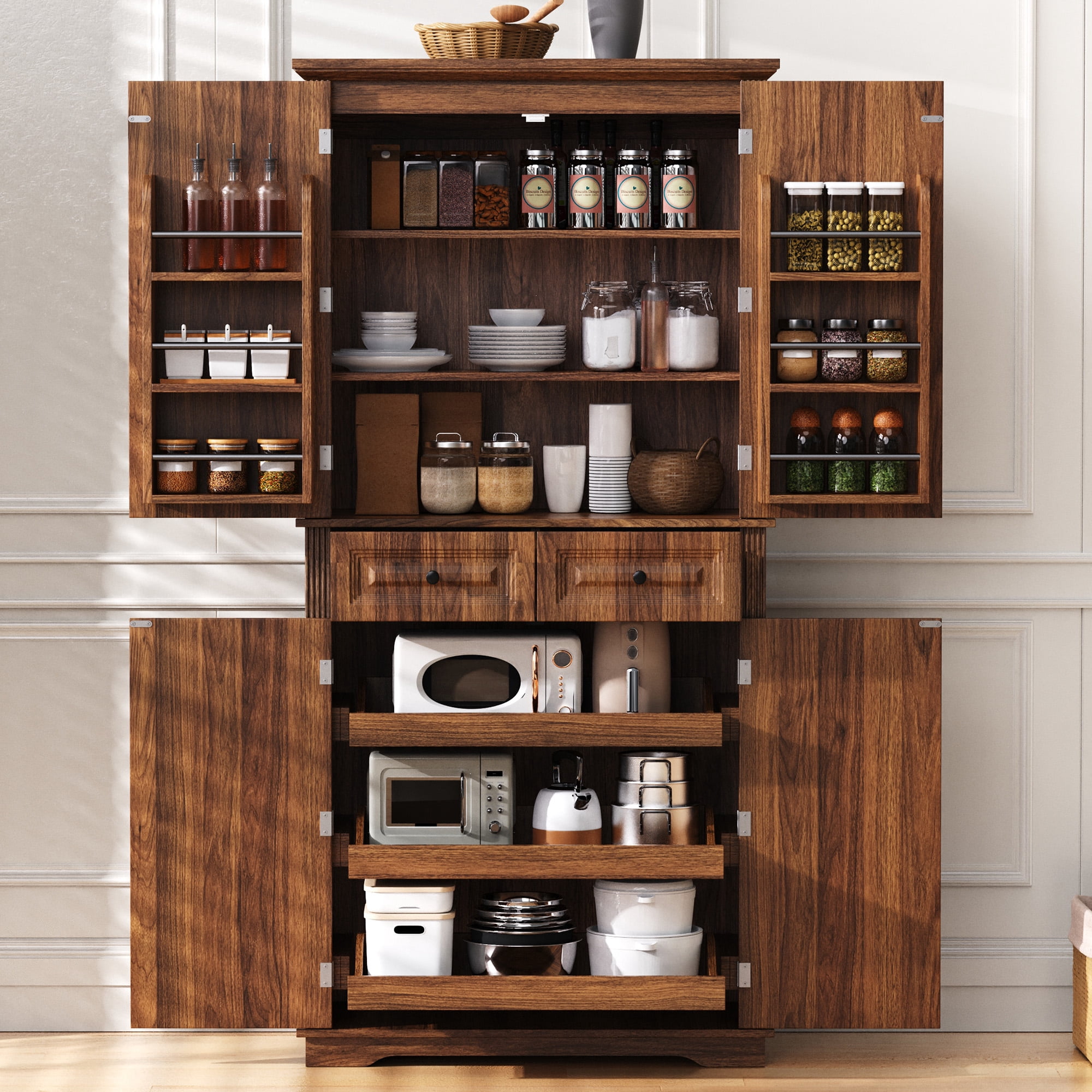 Mintazer 71" Tall Farmhouse Pantry Cabinet with Adjustable Shelves & 6 Door Shelves, Freestanding Storage Cabinet with 2 Drawers & 3 Pull-Out Organizers for Kitchen Dining Room Living Room, Brown