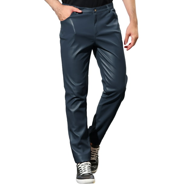 Pantalones de hombre Inspire Chic de imitación de cuero, ajuste slim, con cremallera, color azul marino, talla 36