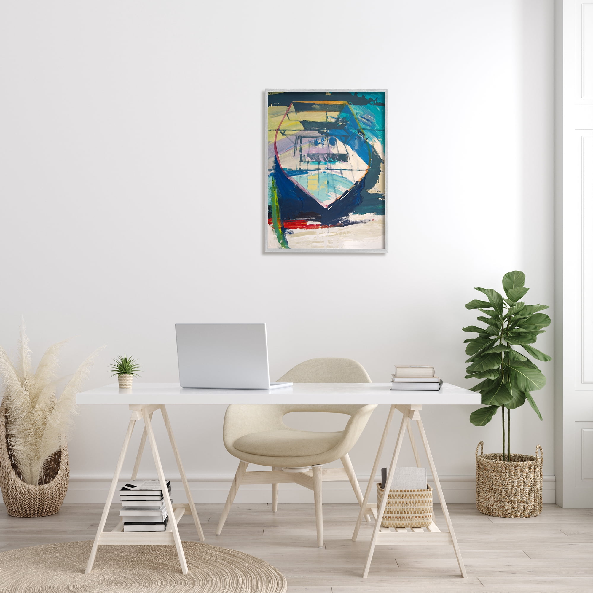 Stupell Industries Abstract Row Boat on Beach Coast Expressive Paint Abstract Painting Gray Framed Art Print Wall Art, 24 x 30
