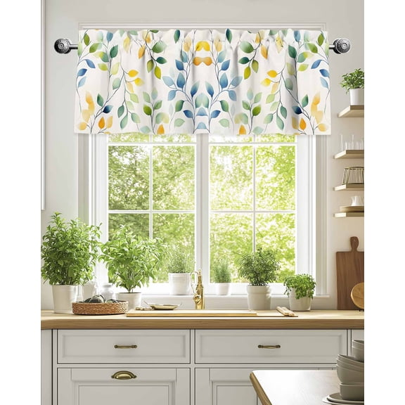 Curtain Valance for Windows,Colorful Leaves Seamless Kitchen Valances Rod Pocket Short Curtains,Gradient Leaf Vine Window Treatment Panel for Bedroom Bathroom 54"x18"