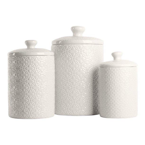 10 Strawberry Street Hampton Embossed 3 Piece Ceramic Canister Set, White