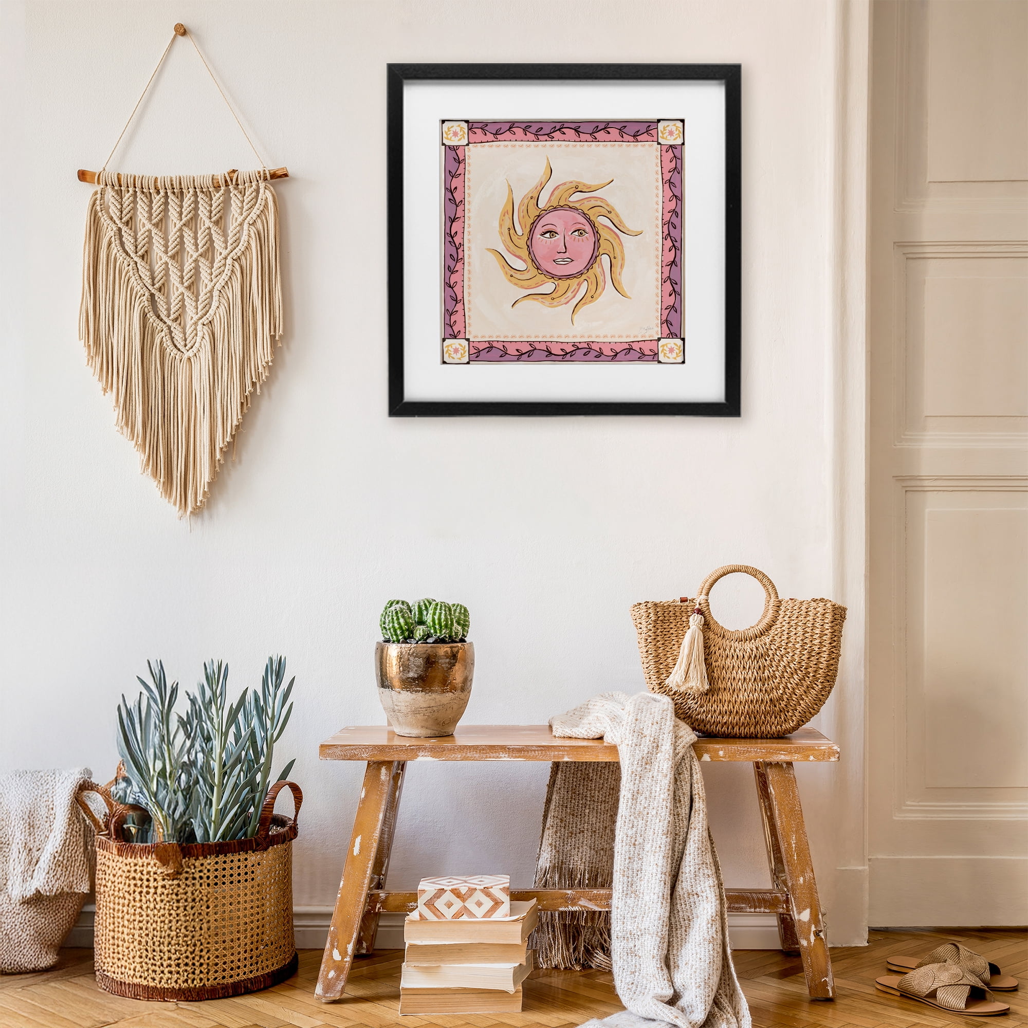 Stupell Industries Pink Sun Face with Leaf Border Black Framed Print Under Glass, design by Two If By Sea Studios