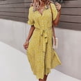 thumbnail image 2 of Woman Dresses Elegant Casual Women's Summer Bohemian Print Short Sleeve Button Bandage Knee Length Dress Yellow M, 2 of 8